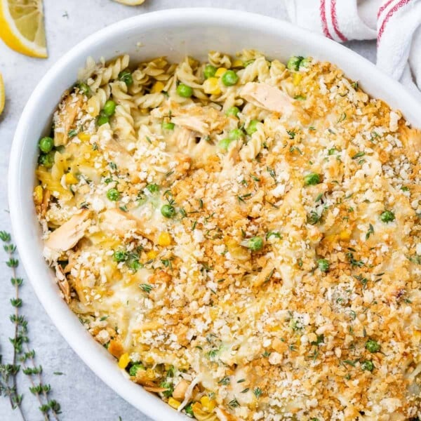 top view of tuna casserole in a white dish