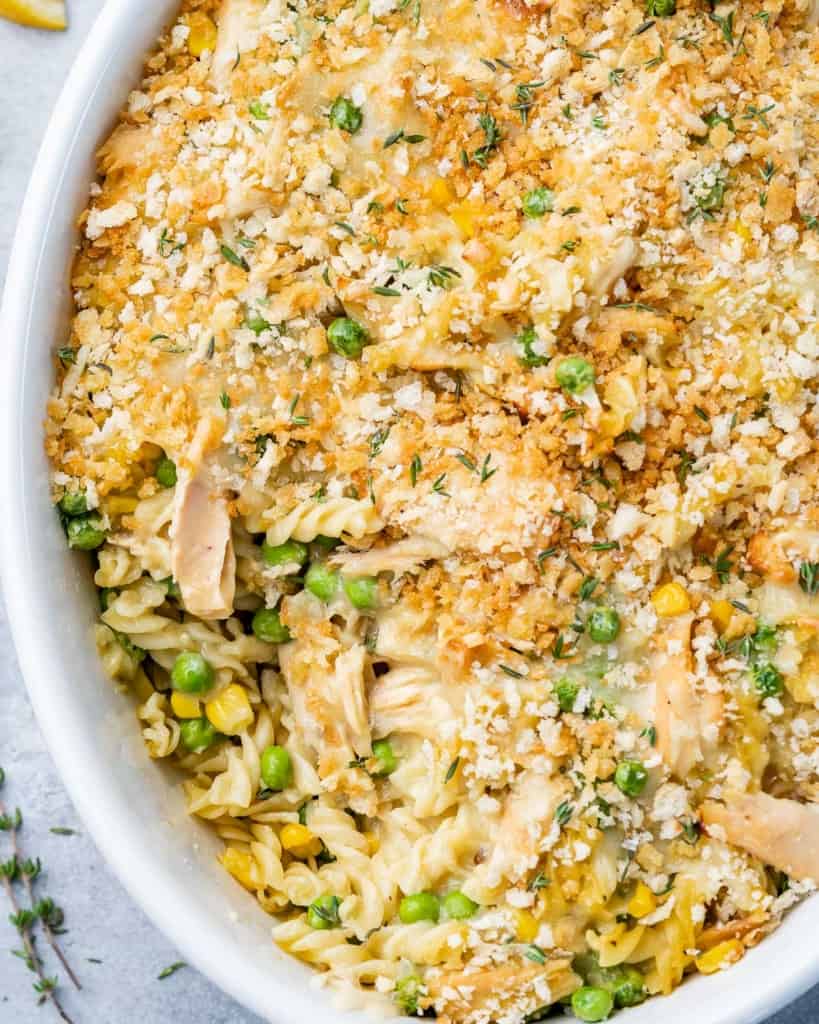 top view tuna casserole pasta dish in a white casserole dish