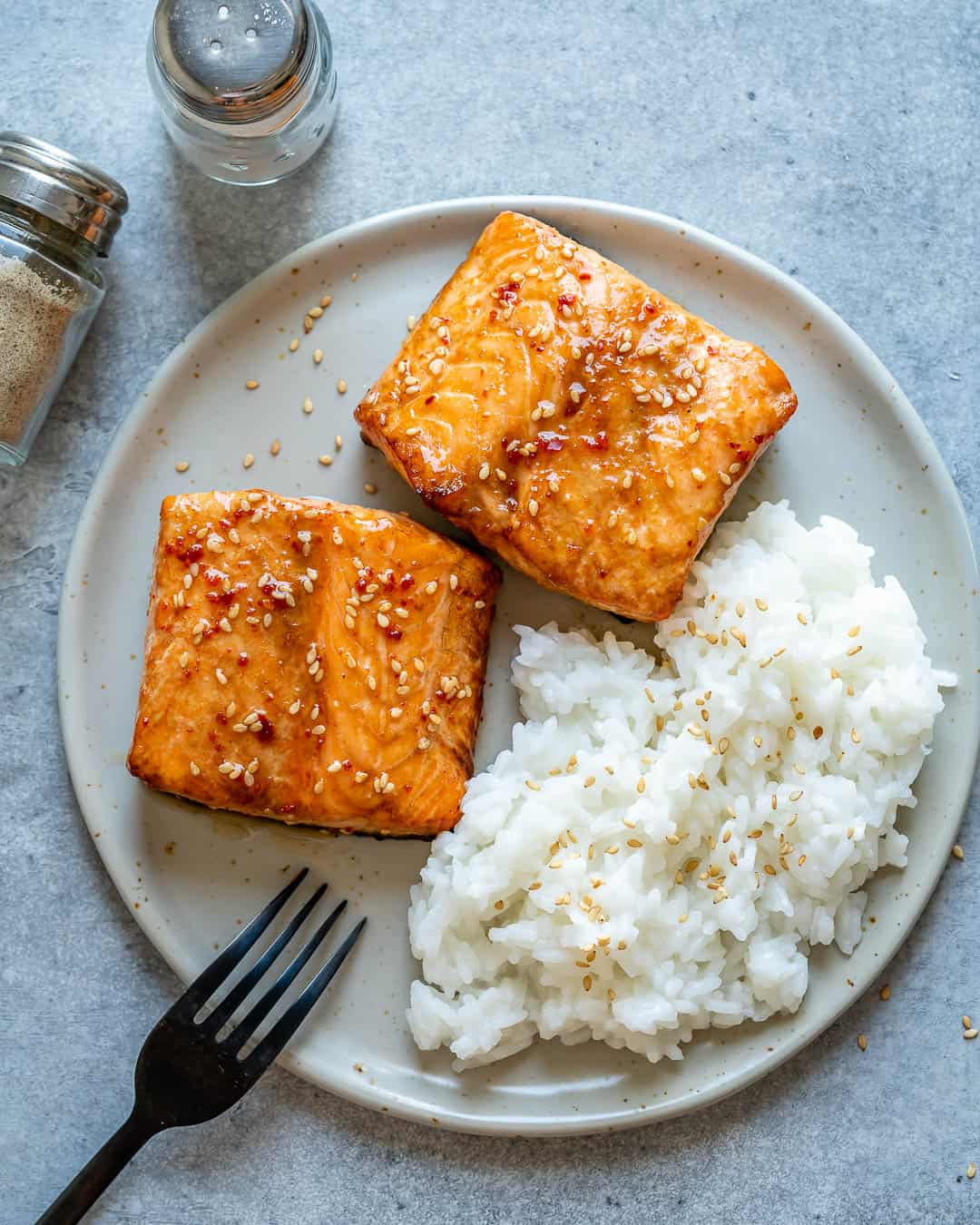 Honey Glazed Air Fryer Salmon with rice on a plate