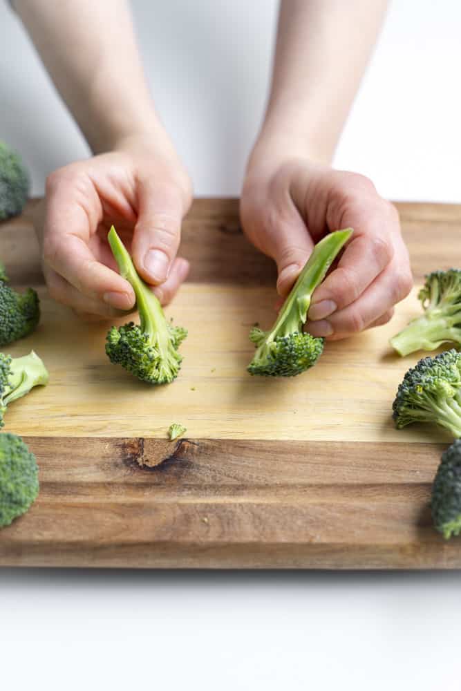 Hands holding two separate pieces of a cut broccoli floret.