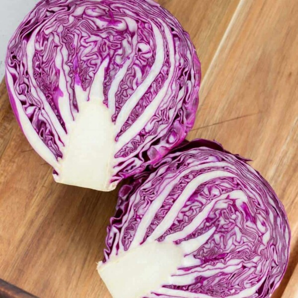 top view of red cabbage cut in half