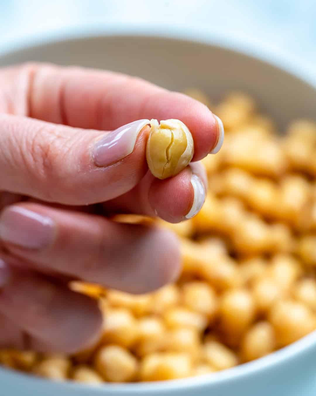 fingers holding one chickpea