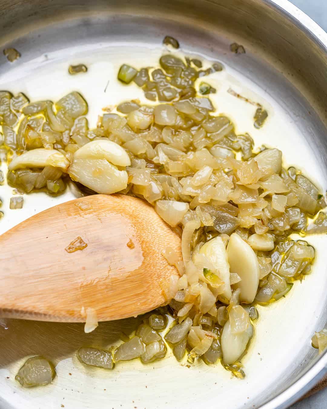 Saute the onions and garlic in olive oil