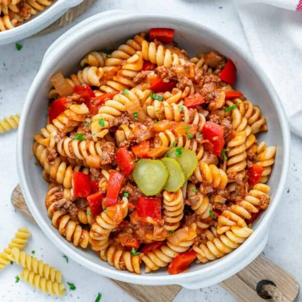 Cheeseburger Pasta in white bowl.