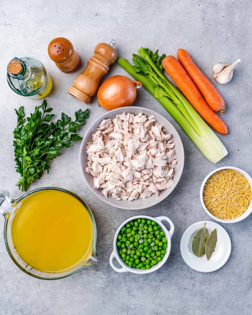 Ingredients divided into small bowls for making turkey soup.