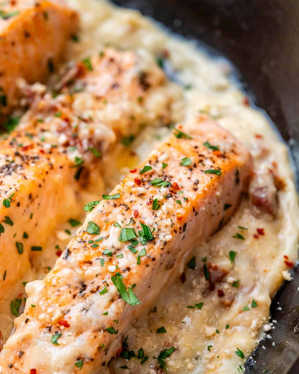 Salmon filled and seared in a creamy sauce.