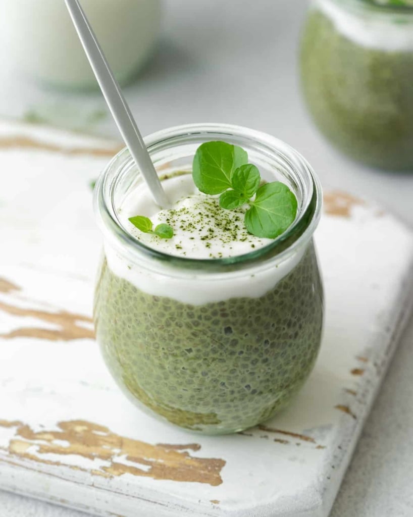 spoon in a jar with matcha pudding