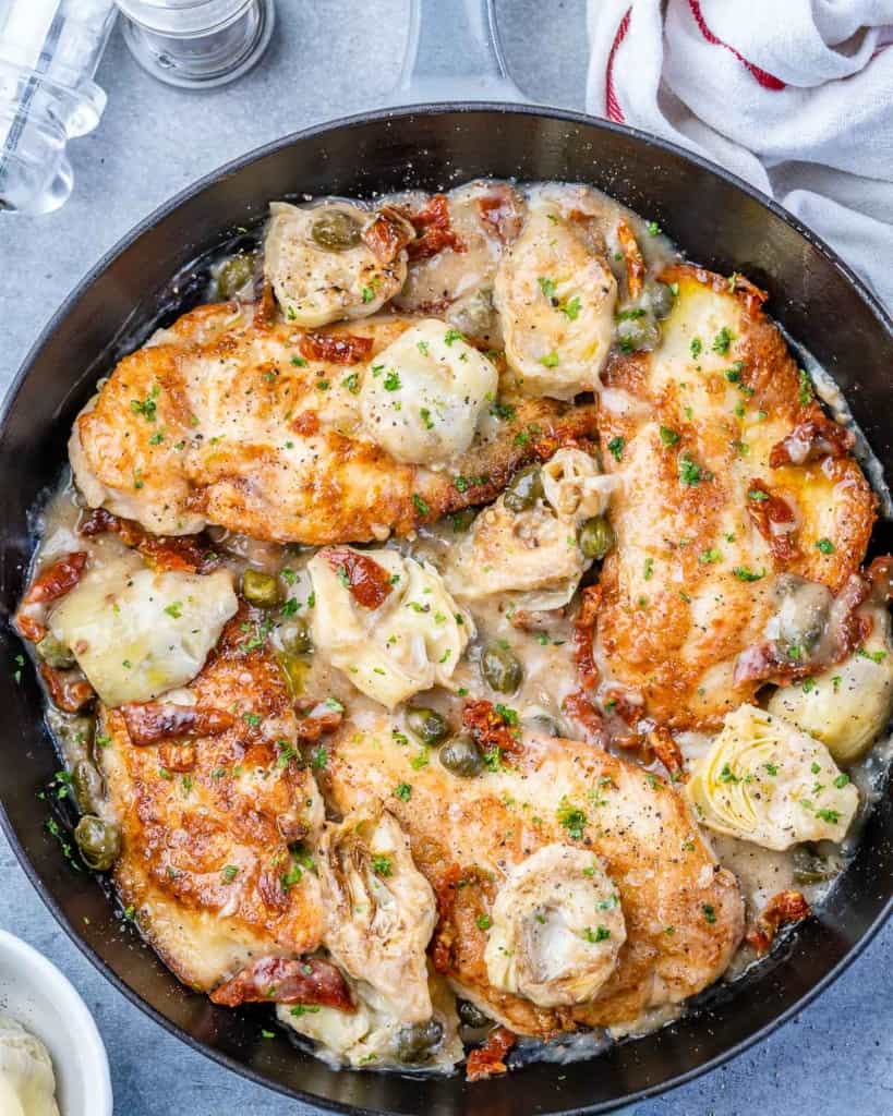 top view of Mediterranean chicken in a skillet