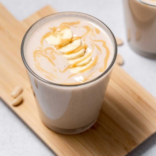 Top view of a cup with peanut butter smoothie.