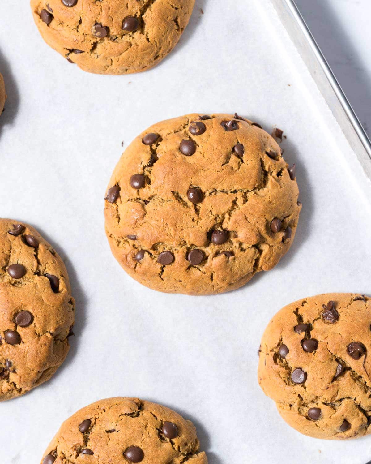 baked cookie on a sheet pan.