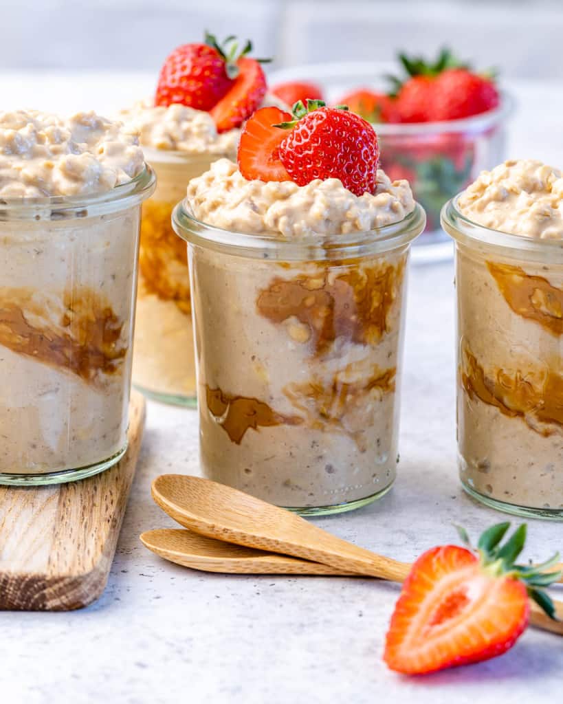 side shot of overnight oats in jars 