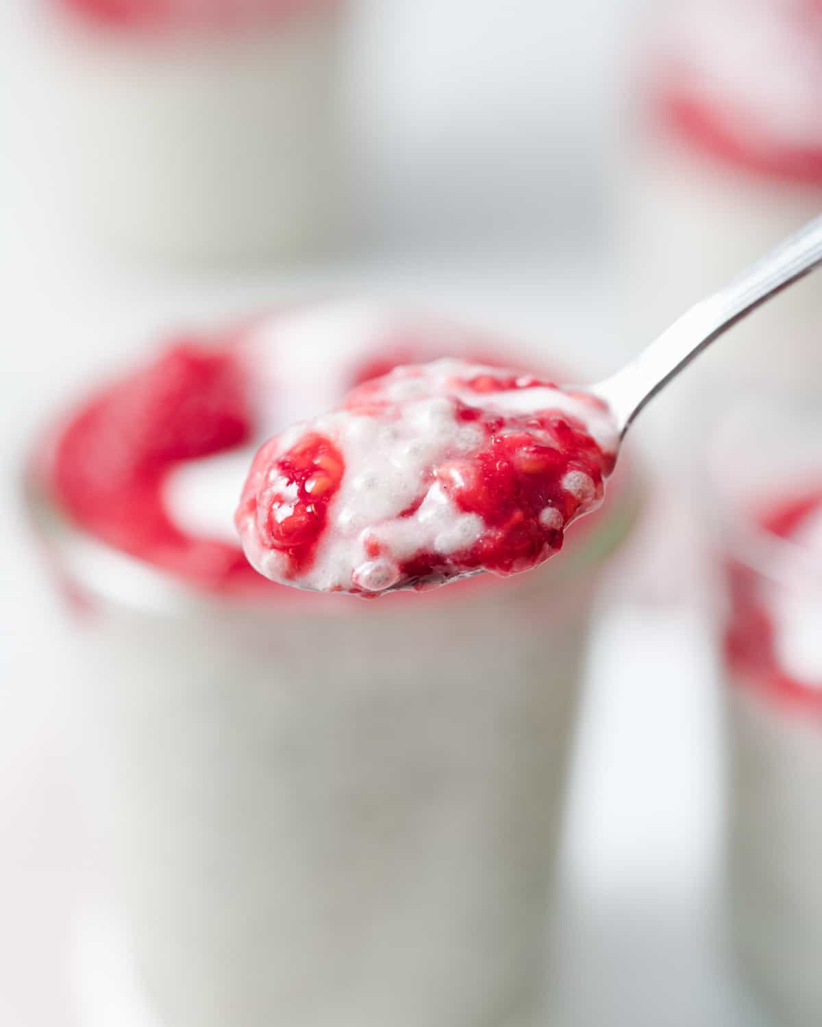 Greek yogurt chia pudding on a spoon.