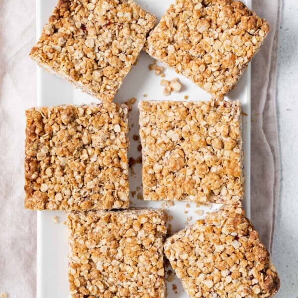top view of oat square bars on a white dish