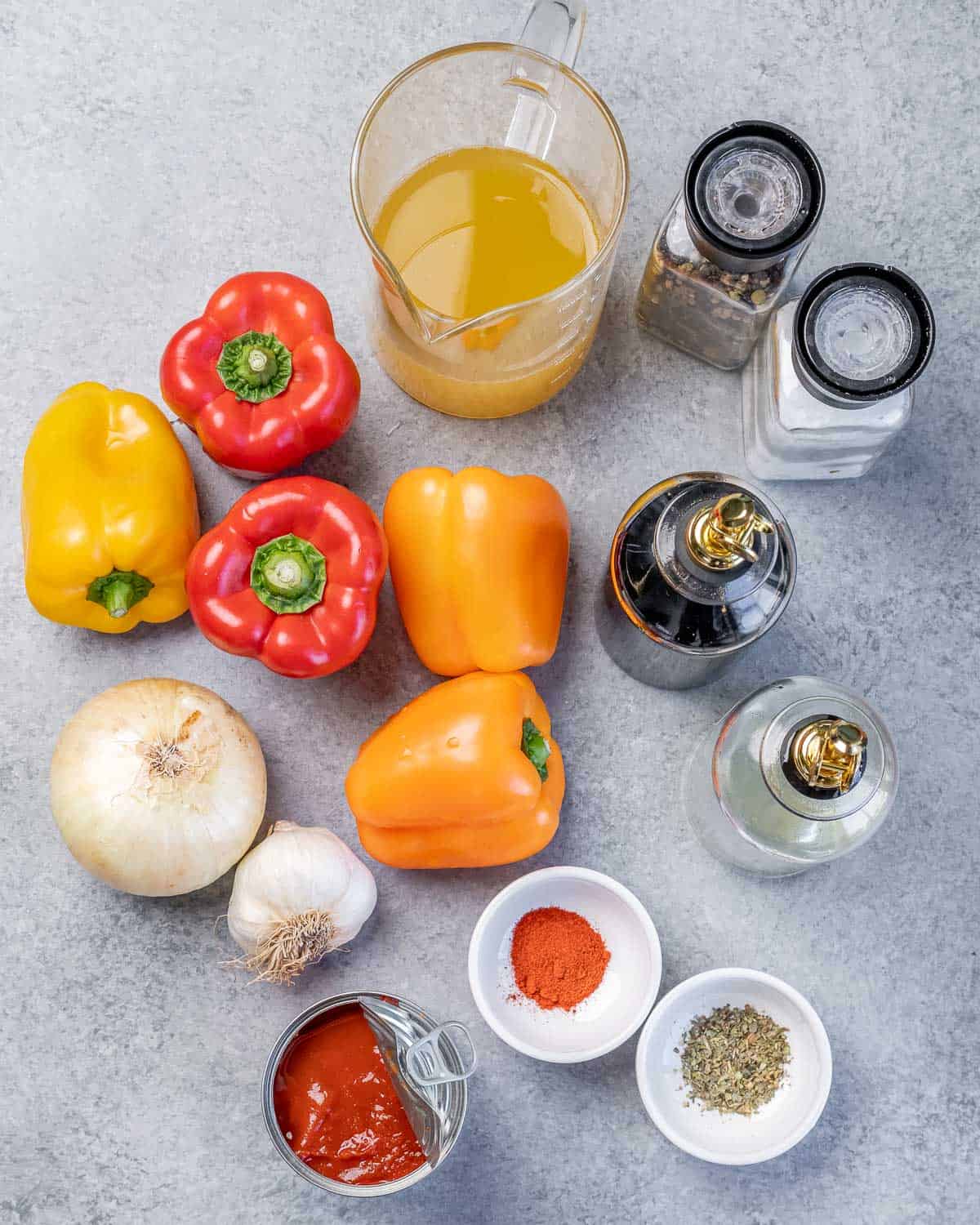 Red peppers, broth, spices and onions.