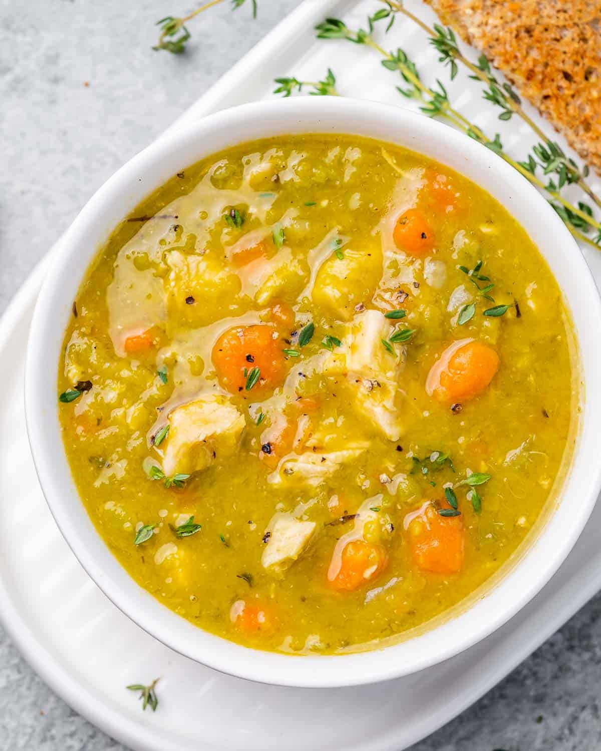 Closeup view of split pea soup in a bowl.