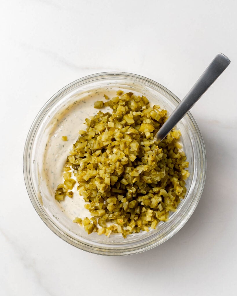 chopped pickle relish added over the bowl of seasoned mayo before mixing