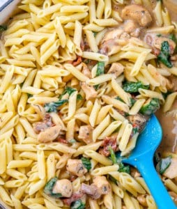 cooked pasta added to the creamy chicken sauce mix.
