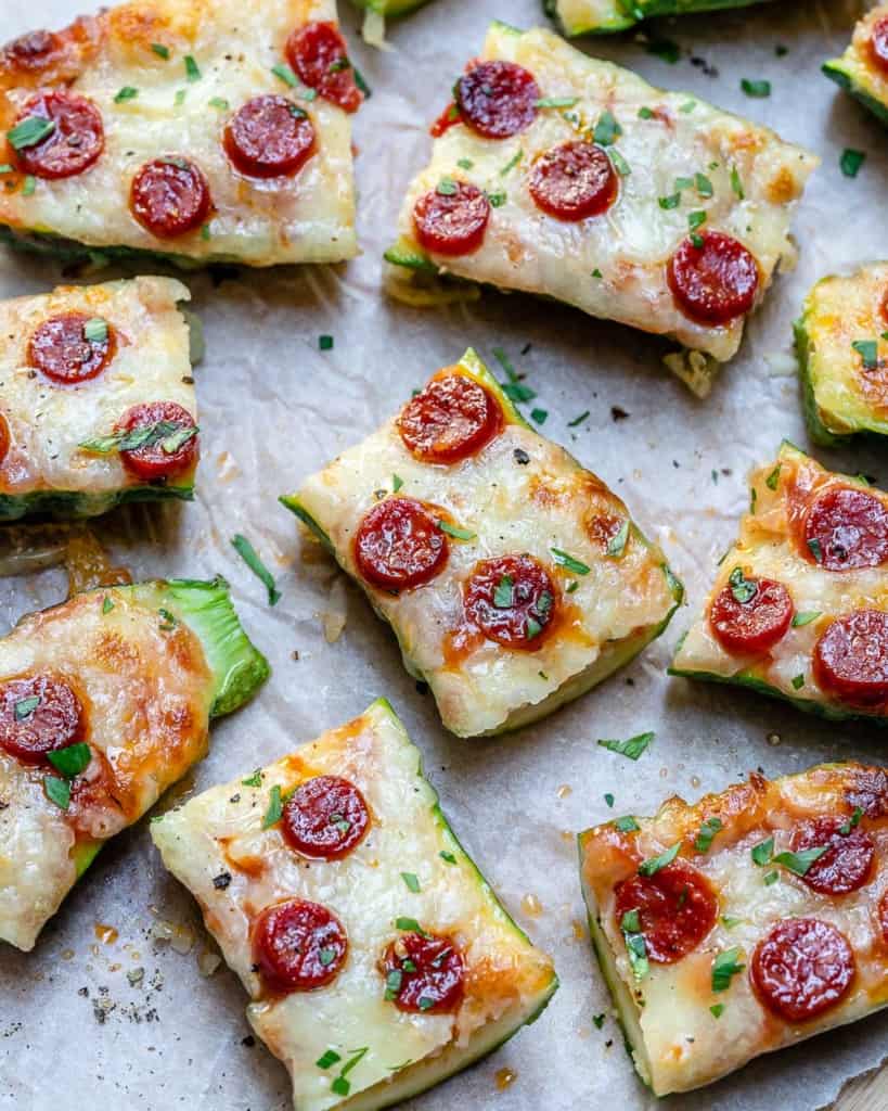 Zucchini pizza boats cut into bite sized pieces.